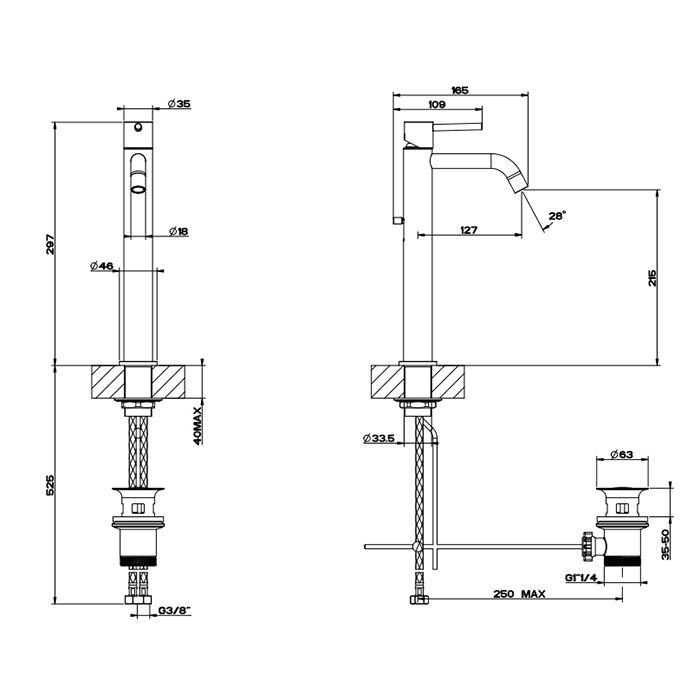Gessi Emporio Via tortona Смеситель для раковины высокий с донным клапаном и соединительными шлангами, цвет: Black XL, артикул 18603#299