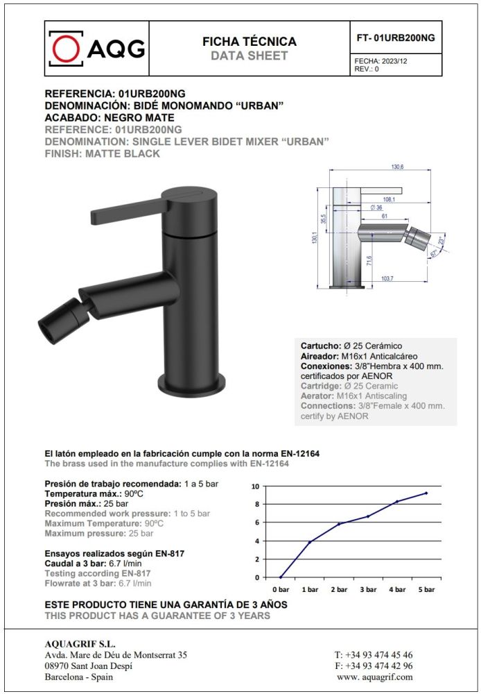 AQG Urban, однорычажный смеситель для биде без донного клапана, цвет черный матовый, артикул 01URB200NG