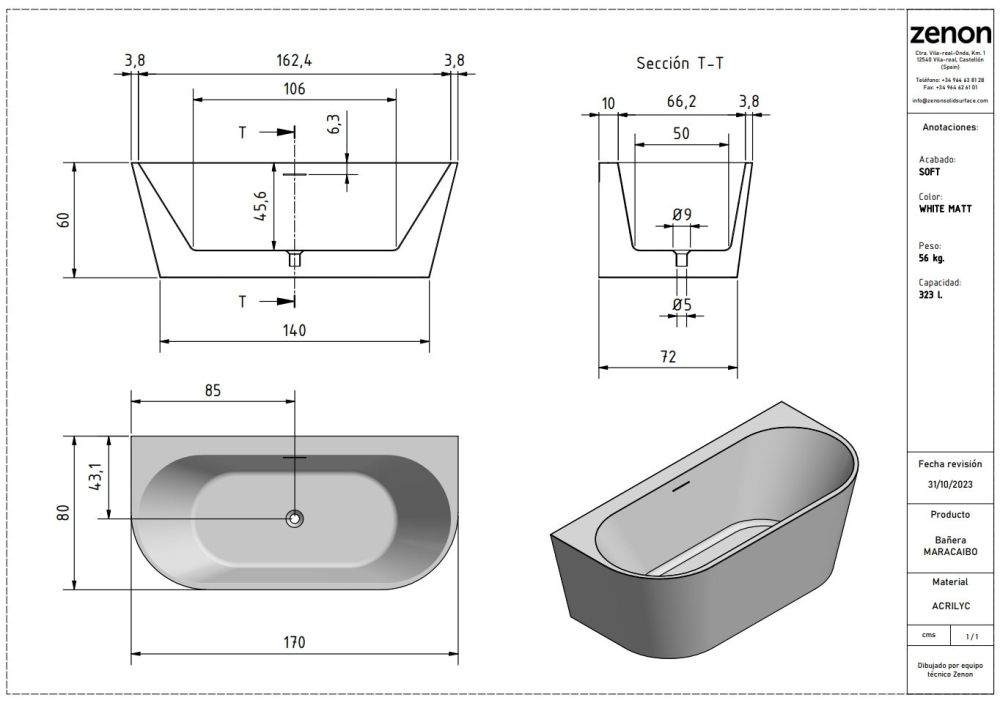 Zenon Maracaibo, акриловая пристенная ванна закругленной формы, 170x80xh60 см, цвет белый матовый, артикул 4000.000.000.000.42157