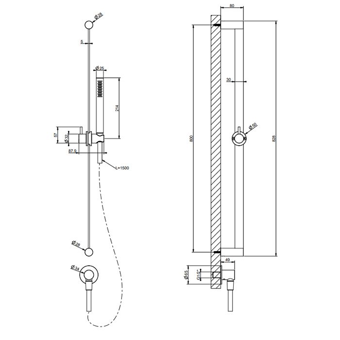 GESSI 316 Штанга в комплекте с душевой лейкой с легкой очисткой, шланг 1,50 м, вывод воды из стены, цвет: brushed black metal pvd