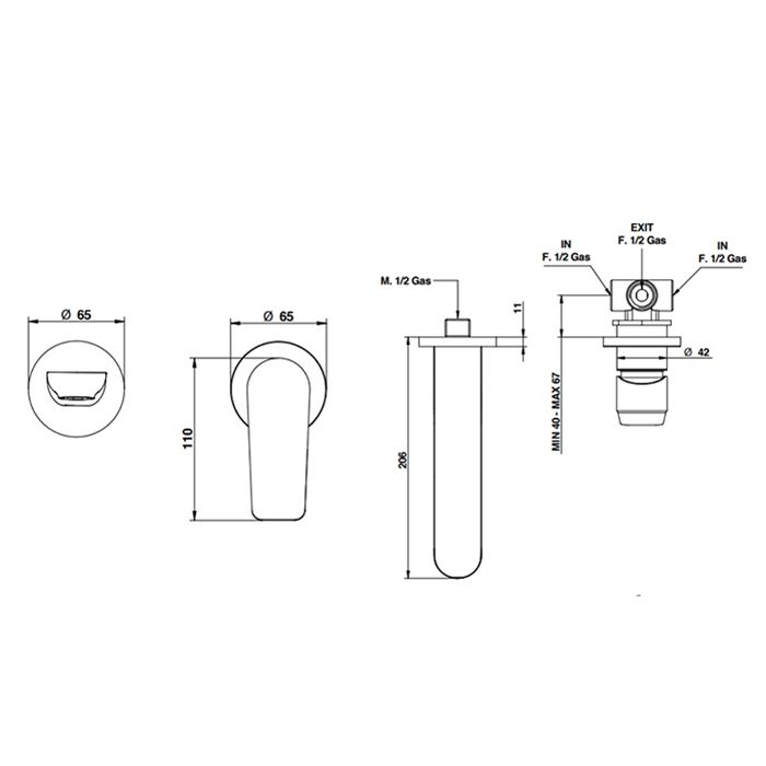 Bongio GIO2 Смеситель встроенный для раковины на 2 отв., излив 206 мм цвет: черный матовый (без встраив части 9761 ), артикул 80538NEPREU