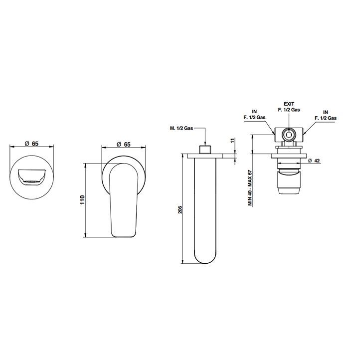 Bongio GIO2 Смеситель встроенный для раковины на 2 отв., излив 206 мм цвет: матированный никель (без встраив части 9761 ), артикул 80538NSPREU