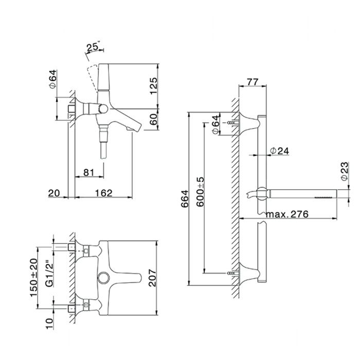 CISAL Vita Комплект для ванны с душем: смеситель+ душевой гарнитур штанга L=664мм, шланг и ручной душ 1 режим,  цвет хром