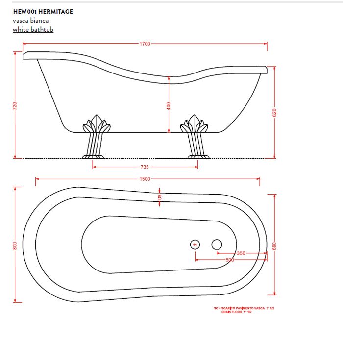 Artceram HERMITAGE Ванна акриловая на лапах,170х80 см ,со слив-переливом и сифоном в компл. цвет ванны белый, ножки хром