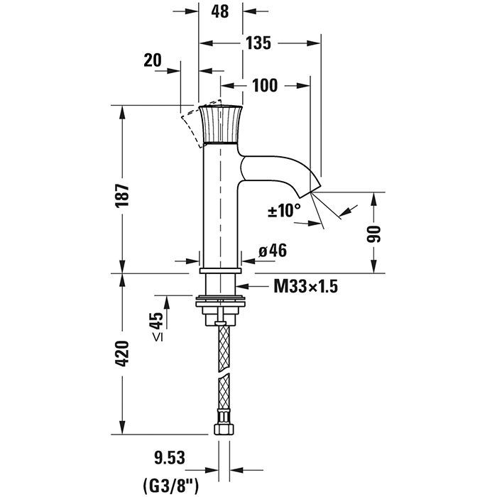 Duravit White Tulip Смеситель для раковины на 1 отв., без донного клапана, h=187мм, излив 100мм цвет: хром