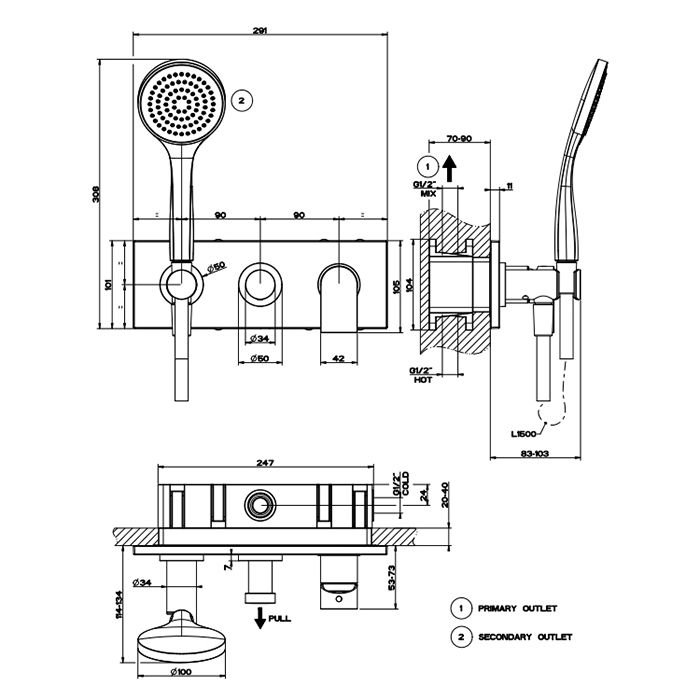 Gessi Emporio Via manzoni Внешние части для встр. однорычажного смесителя на 2 позиции с переключателем, подводом воды и держателем лейки, душевойлейк, артикул 44901#299