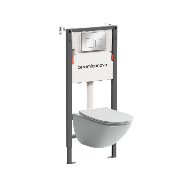 Комплект Подвесной унитаз Моно (Mono) Безободковый (Rimless) + Система инсталляции Баланс (Balance) кнопка Квадрат (Square), хром глянцевый