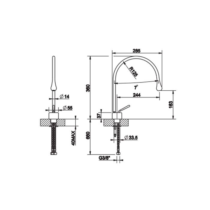 Gessi Goccia Смеситель для раковины на 1 отверстие, излив 387мм R=197, с фиксированным носиком,  цвет: черный
