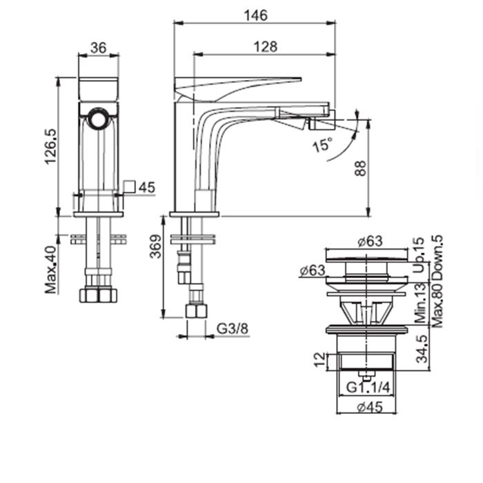 Смеситель для биде, Fima Carlo Frattini, Zeta, тип открывания воды-однорычажный, отверстия для монтажа-1, высота, мм-126.5, вынос излива, мм-128, донный клапан-есть, тип подводки-гибкий, стандарт подвода воды-3/8", цвет-черный матовый