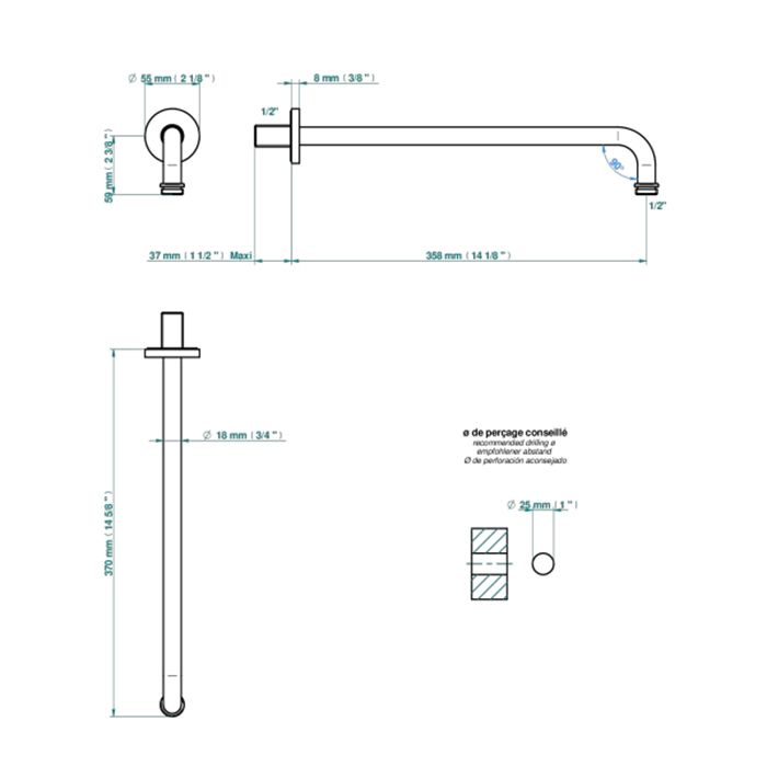 THG COLLECTION "O" Держатель верхнего душа 358 мм., настенный, цвет Soft matt gold