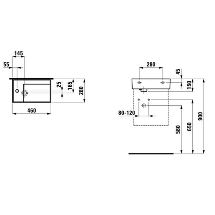 Laufen Kartell Раковина 460х280х120мм без перелива, с 1 отв. под смес, полочка слева, цвет: белый Laufen Kartell Раковина 460х280х120мм без перелива, с 1 отв. под смес, полочка слева, цвет: белый