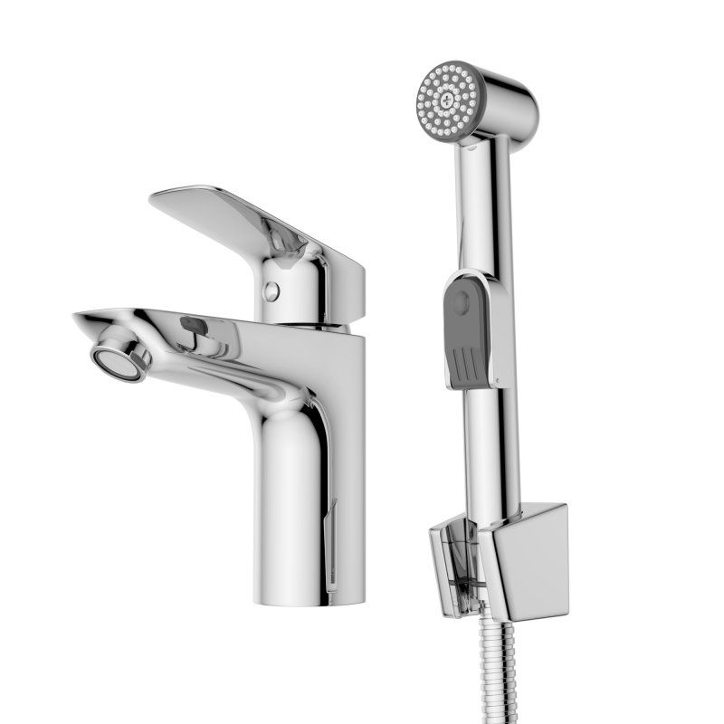 DUE Смеситель для раковины без донного клапана с гигиеническим душем, хром DUE-LVM/HGN-CRM-W0, артикул DUE-LVM/HGN-CRM-W0