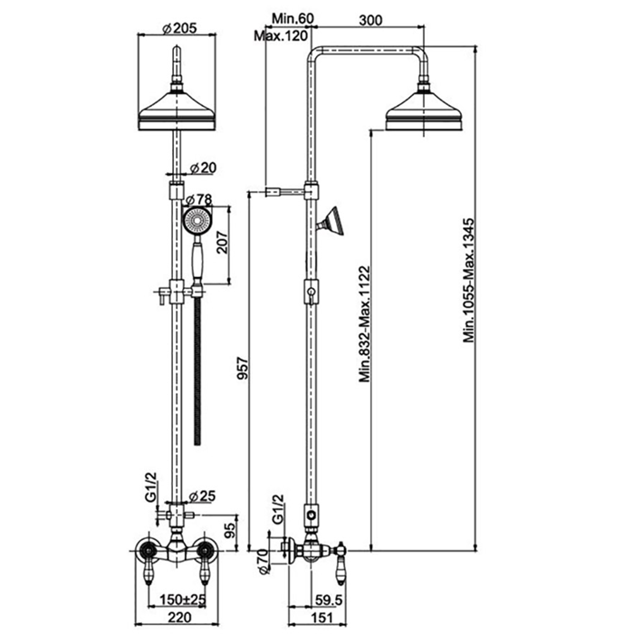 FIMA|Carlo Frattini Herend Смеситель для душа внешнего монтажа с душевой штангой, верхним душем Ø 200 мм. и душевым комплектом, цвет хром FIMA|Carlo Frattini Herend Смеситель для душа внешнего монтажа с душевой штангой, верхним душем Ø 200 мм. и душевым комплектом, цвет хром
