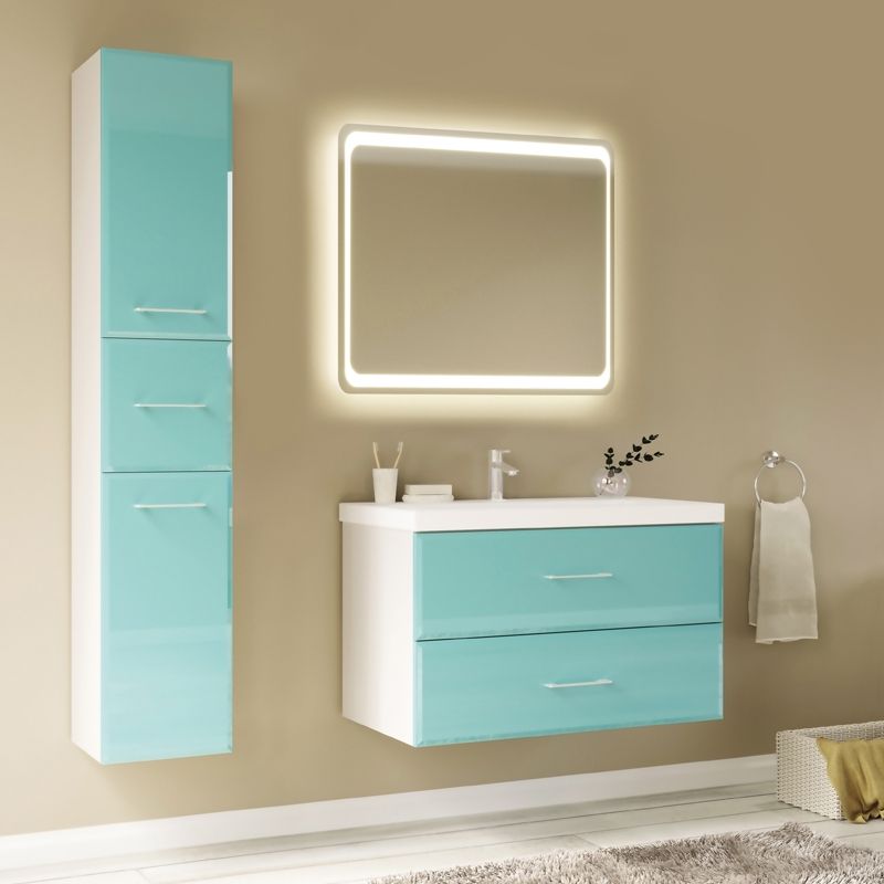 Тумба под раковину Marka One Mix 80П с ручками фасад стекло Бирюзовая, артикул У69537