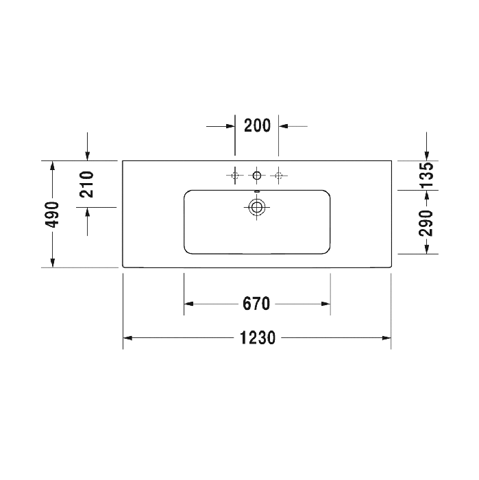 Duravit ME by Starck Раковина для мебели с перел., без отв. под смес., 1230x490мм, с покрытием Wondergliss, Цвет: Белый
