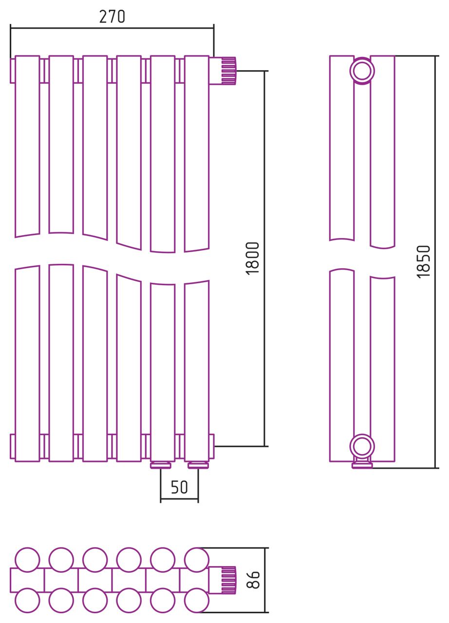 Отопительный радиатор ЭСТЕТ-11 н/ж EU50 1800х270 / 6 сек (Матовый БЕЛЫЙ)
