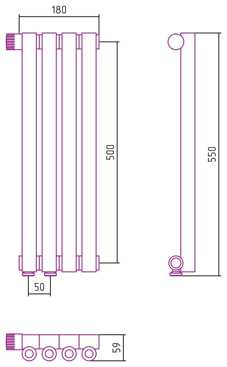 Отопительный радиатор ЭСТЕТ-0 н/ж EU50 левый 500х180 / 4 сек (Матовый БЕЛЫЙ)