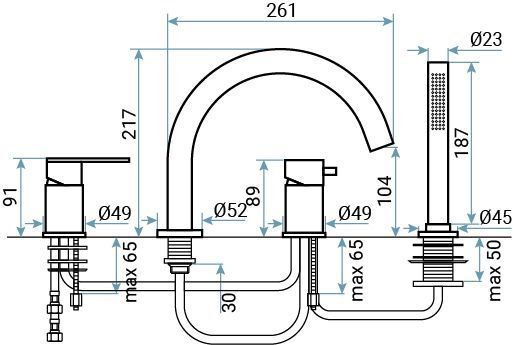 Emmevi Filoinox, комплект однорычажного смесителя на борт ванны на 4 отверстия с изливом, из нержавеющей стали
