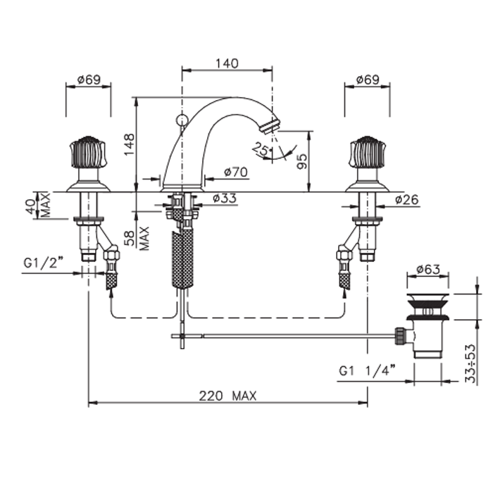 Nicolazzi Onice Смеситель для раковины с донным клапаном на 3 отвертвия, излив: 140 мм, цвет: хром