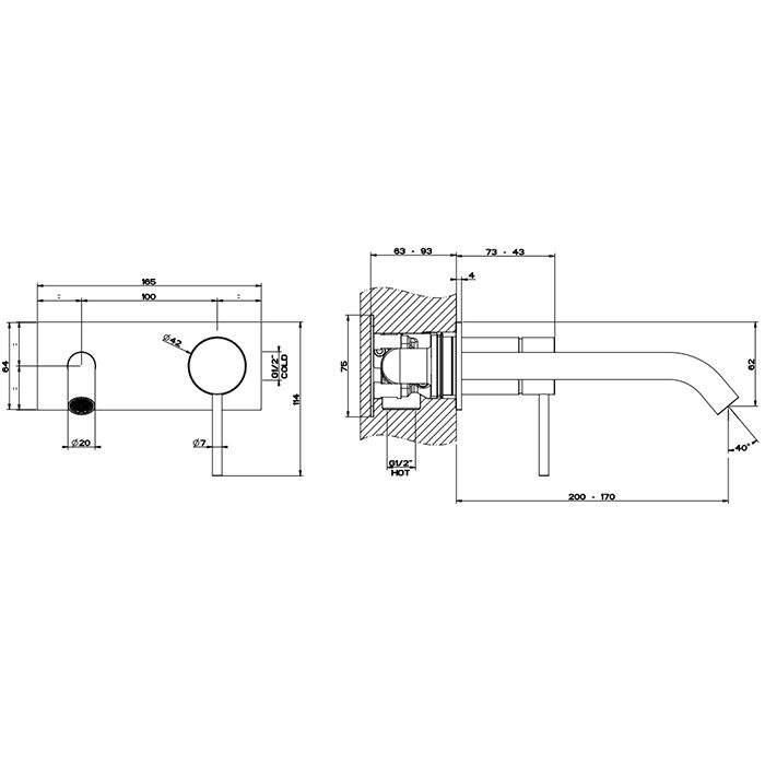 GESSI 316 Встраиваемый смеситель с изливом 200-170мм (внешние части), цвет: brushed black metal pvd