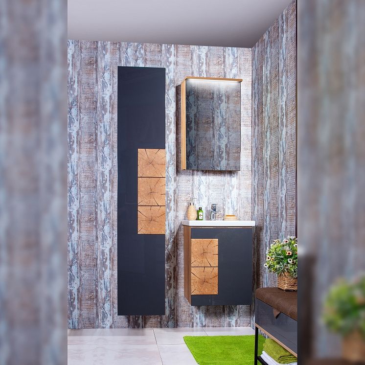 Зеркальный шкаф Бриклаер Форест 50 с подсветкой Антрацит со вставкой Пенёк