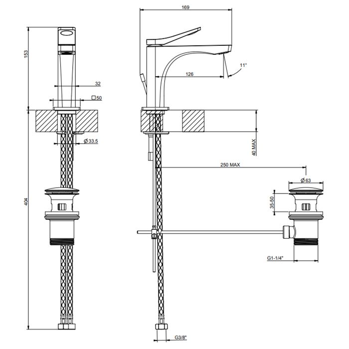 GESSI Rilievo Смеситель для раковины на 1 отв. с донным клапаном  h=153мм, излив 126мм , цвет: хром