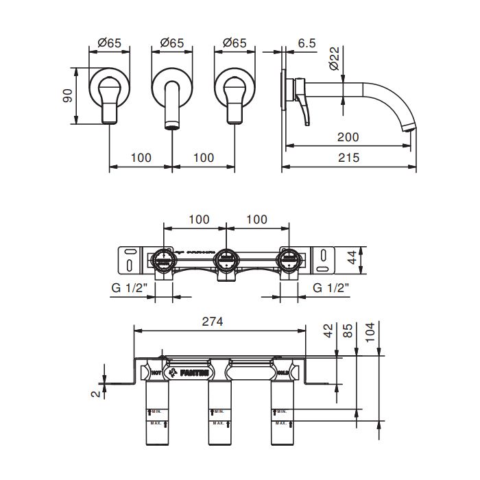 Fantini AL/23 Смеситель для раковины, встраиваемый, на 3 отв, без донного клапана, излив 200мм (наружняя часть), цвет: хром