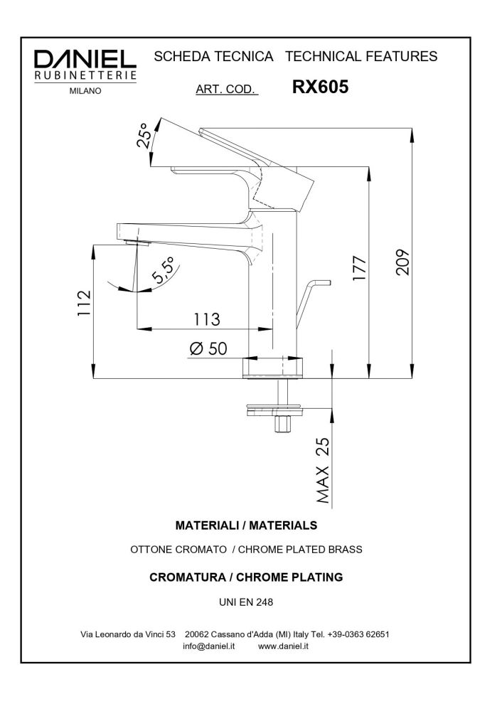 Daniel Reflex, однорычажный смеситель для раковины (излив 13,1 см), с донным клапаном, цвет хром, артикул RX605-CR