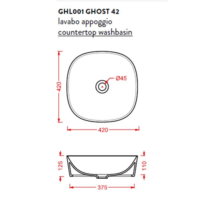 Artceram Ghost Раковина накладная 42 см, , без отв под смеситель, без слив-перелива, цвет белый