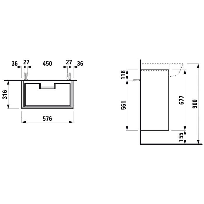 Laufen New Classic База под раковину подвесная , 580х320х670 мм, 2 ящика, цвет серый (для раковины 813853), артикул 4.0603.2.085.627.1