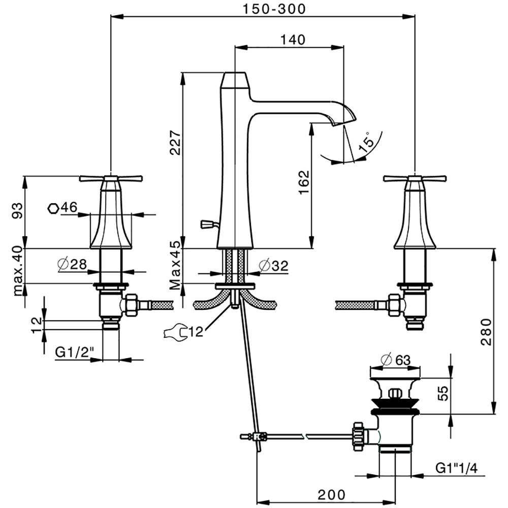 CISAL Cherie Смеситель для раковины на 3 отверстия с донным клапаном, цвет хром/черный матовый
