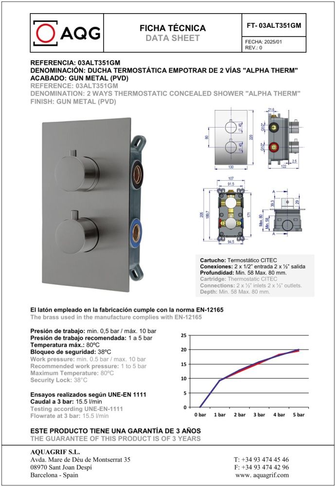 AQG Alpha, душевой комплект на 2 потребителя с термостатом, с квадратным верхним душем 25х25 см и кронштейном, цвет оружейная сталь (PVD), артикул 19ALTEC24212