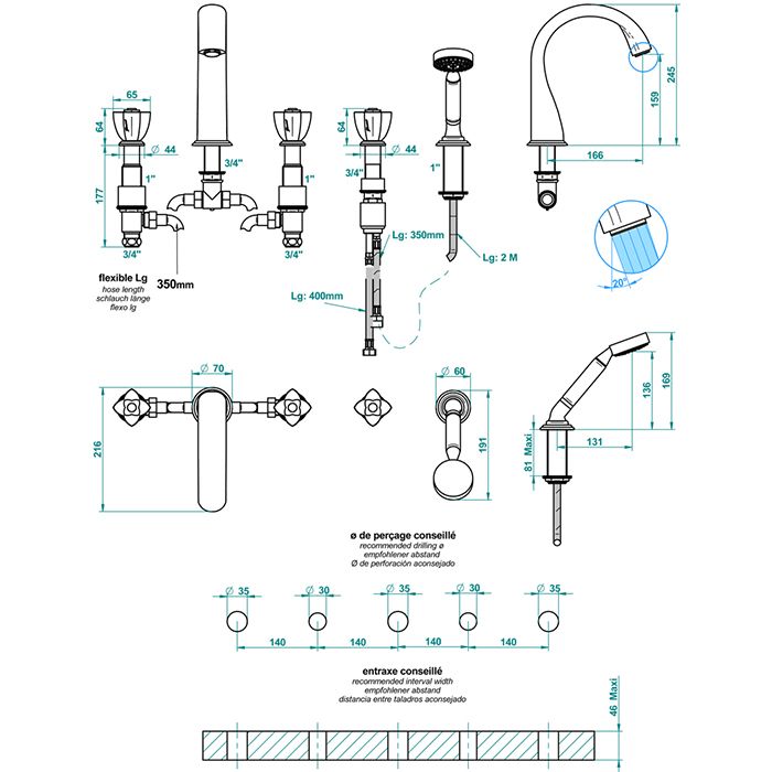 THG PETALE DE CRISTAL CLAIR LISERE DORE Смеситель на борт ванны, на 5 отверстий, двойной, с ручным душем, цвет полированное золото