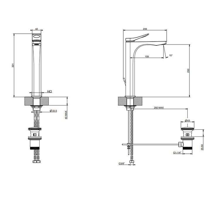 GESSI Rilievo Смеситель для раковины на 1 отв. с донным клапаном  h=301мм, излив 159мм , цвет: nero XL