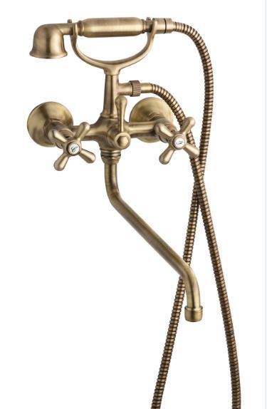 Emmevi Deco Classic, смеситель с длинным изливом (25см) и ручным душем для ванной, цвет бронза