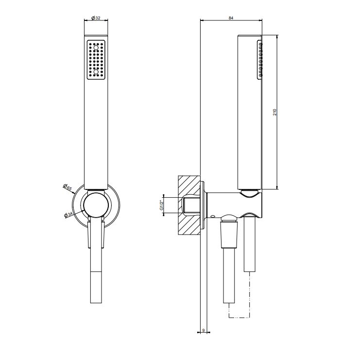 GESSI INCISO Душевой комплект, +  вывод, держатель, шланг 1,50 м и душевая лейка, цвет: brushed brass pvd