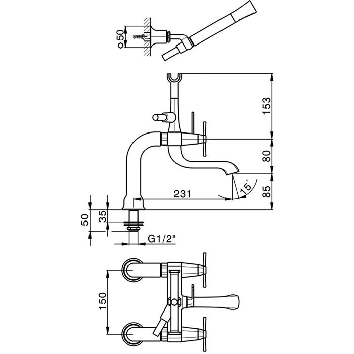 CISAL Cherie Смеситель на борт ванны двухвентильный, с душевым комплектом, цвет хром/черный