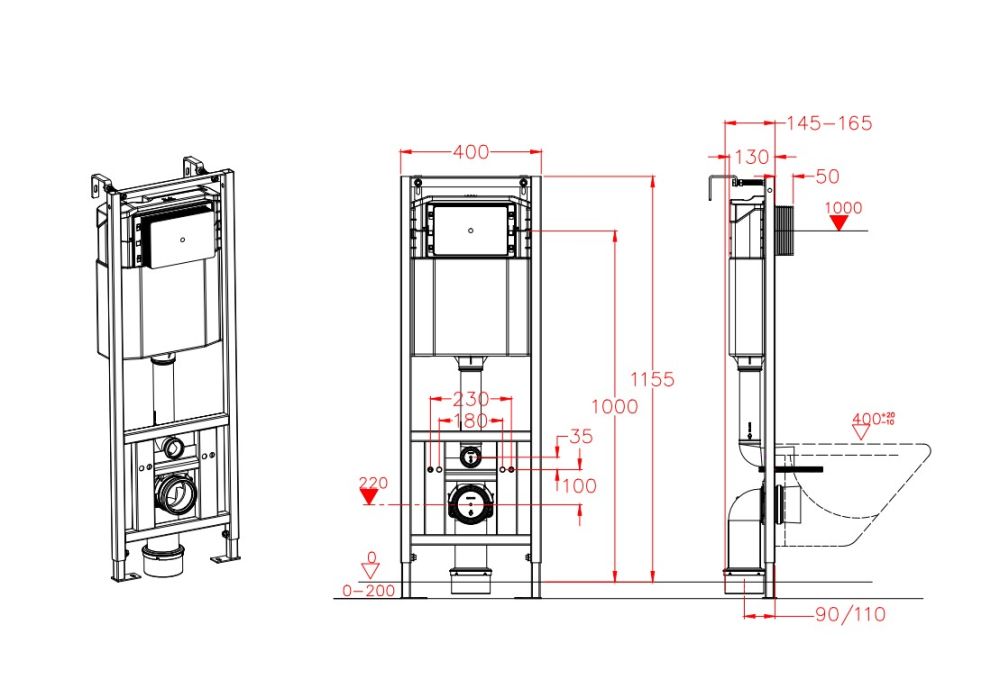 Инсталляция с черной клавишей DQ 400*165*1160мм (DI8540116), артикул DI8540116