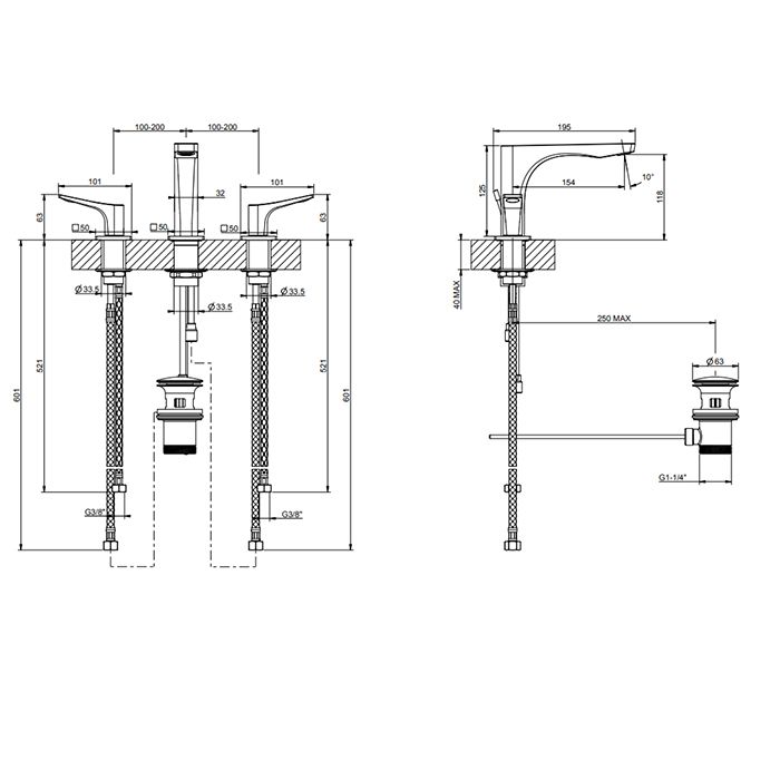 GESSI Rilievo Смеситель для раковины на 3 отв. с донным клапаном h=125мм, излив 154мм, цвет: nero XL