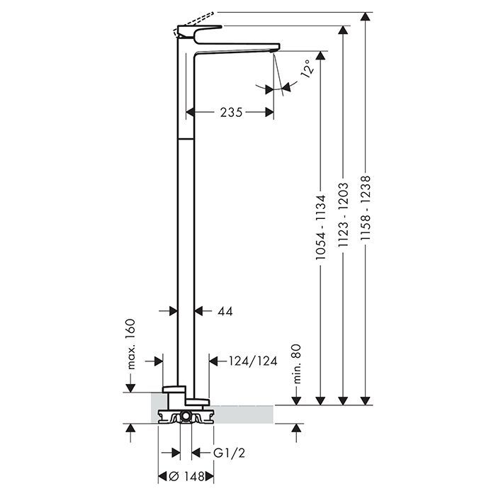 HG Metropol Смеситель для раковины напольный, на 1 отв, без донного клапана, излив 235мм, h1134мм, цвет: хром HG Metropol Смеситель для раковины напольный, на 1 отв, без донного клапана, излив 235мм, h1134мм, цвет: хром