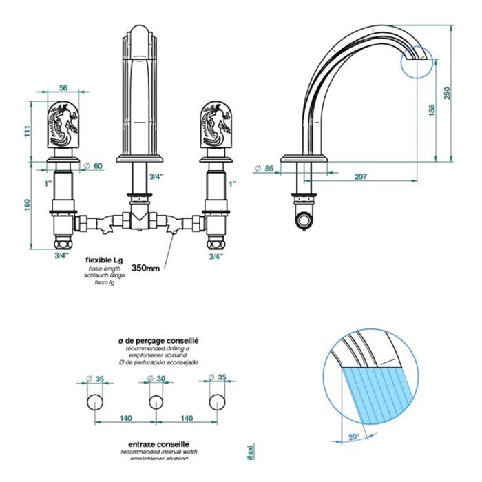 THG NAIADE Cмеситель на борт ванны, на 3 отверстия, без ручного душа, цвет полированное золото