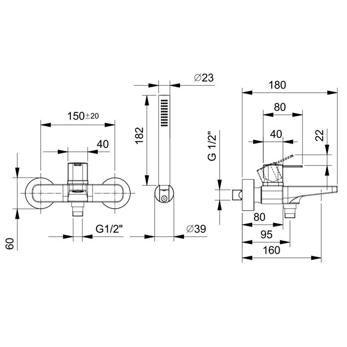 Fantini Lame Смеситель для ванны, настенный, на 2 источника, излив 160мм, с ручн.душем, цвет: хром