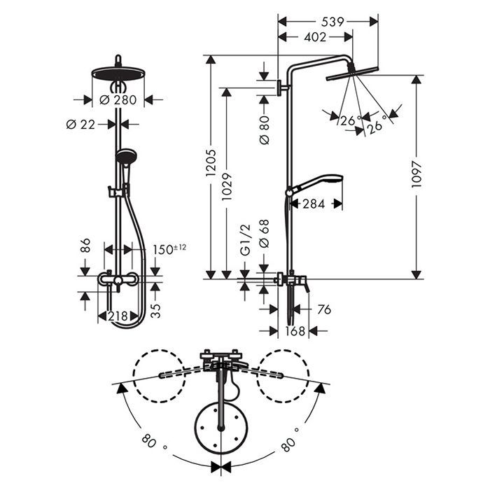 HG Croma Select 280 Душевая система Showerpipe для душа, с однор.смесит, цвет хром HG Croma Select 280 Душевая система Showerpipe для душа, с однор.смесит, цвет хром