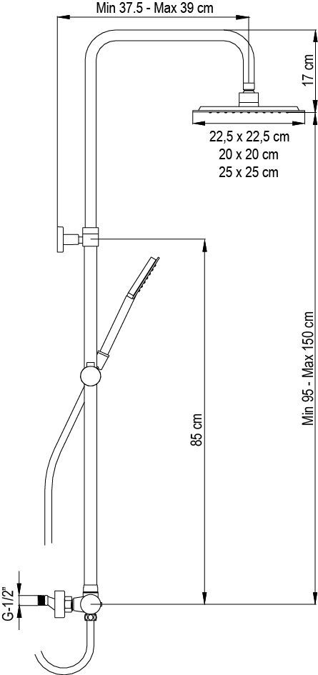 AQG WIND BLU SQ, душевая колонна регул. по высоте 95-150 см: со складным изливом и квадратным верхним душем 25х25 см, цвет хром, артикул 21WBC25SUB02