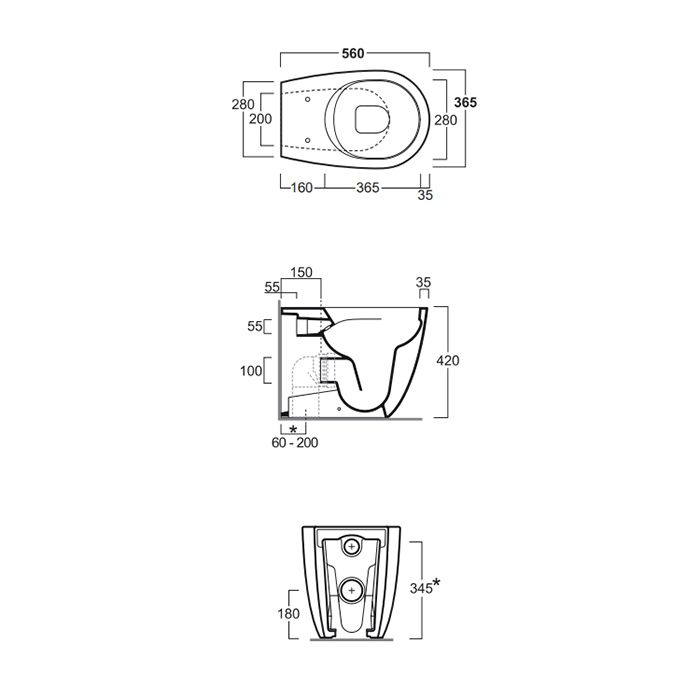 SIMAS VIGNONI Унитаз приставной 560х365 мм., Rimless, с универсальным сливом, цвет Tela matt