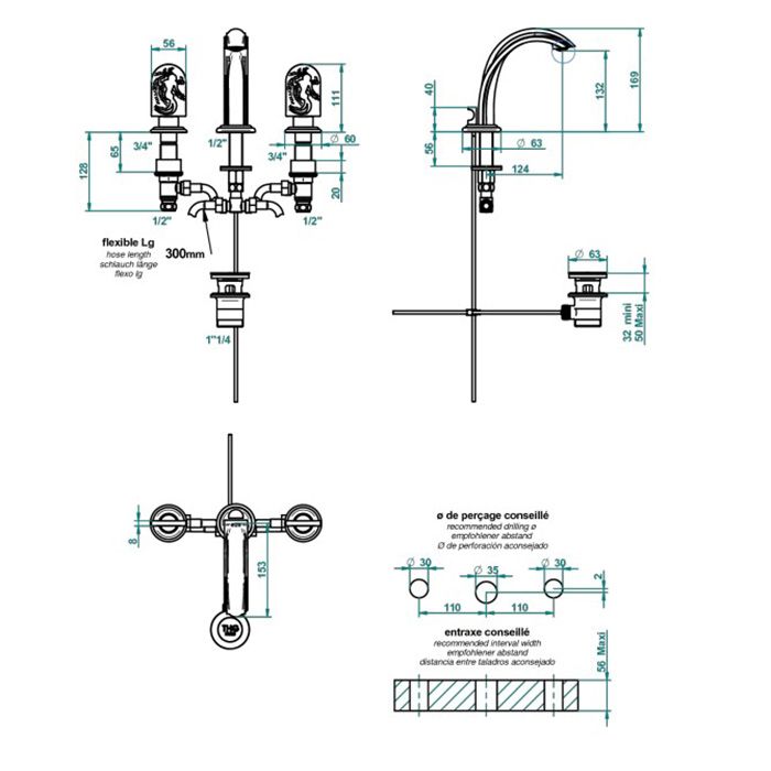 THG NAIADE Смеситель для раковины на 3 отверстия, с донным клапаном, цвет Soft gold