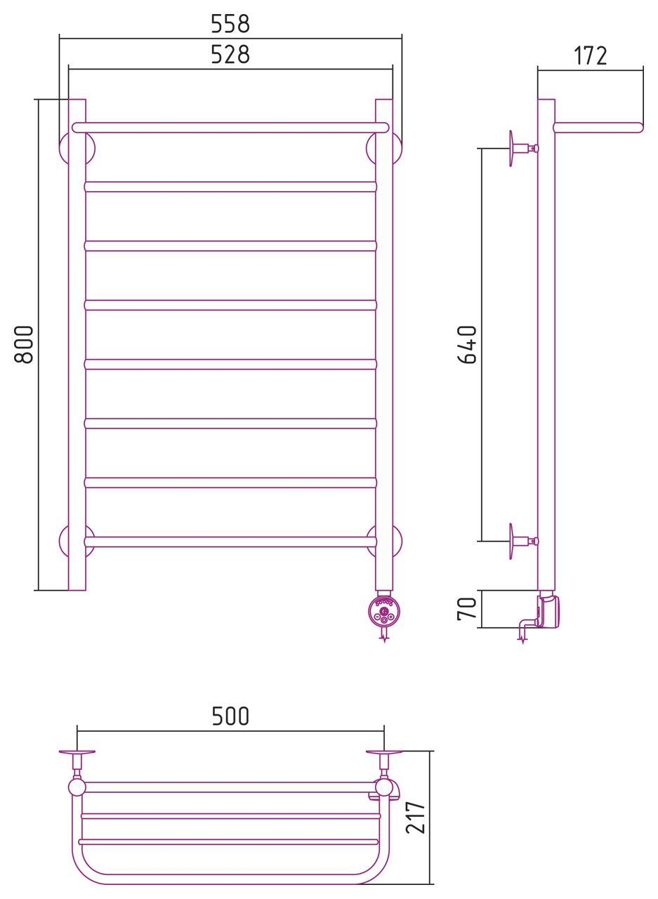 Электрический полотенцесушитель СТИЛЬЕ "Формат 20 ТП" 800х500 (Полка + 7) П16 (Без покрытия)
