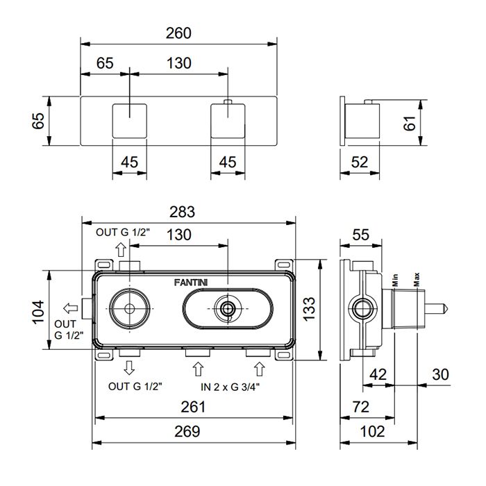 FANTINI MINT Смеситель для душа встраиваемый, термостатический, с переключателем на 3 положения, внешняя часть, цвет матовая натуральная сталь