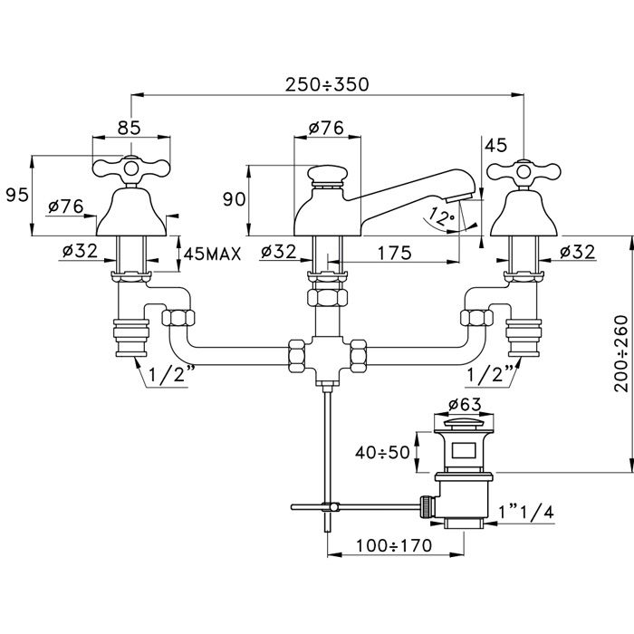 Stella Roma Смеситель для раковины на 3 отверстия 3224P EXTRA, с донным клапаном, цвет: хром