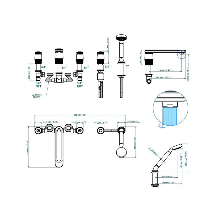 THG CORVAIR Смеситель на борт ванны на 5 отверстий, двойной, с ручным душем, цвет полированное золото